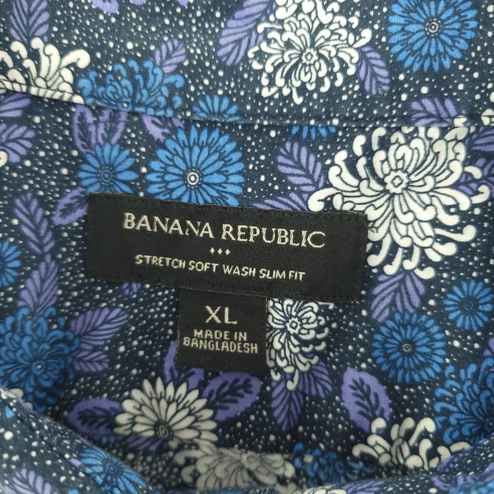 Banana Republic Shirt Mens XL Blue Floral Short Sleeve Button Up Slim Fit